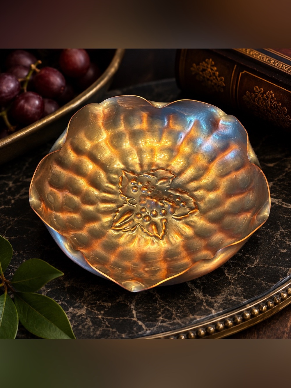Vtg.  Gregorian Solid Copper Hammered Bowl Grapes Leaf Scalloped Dish MCM 6”